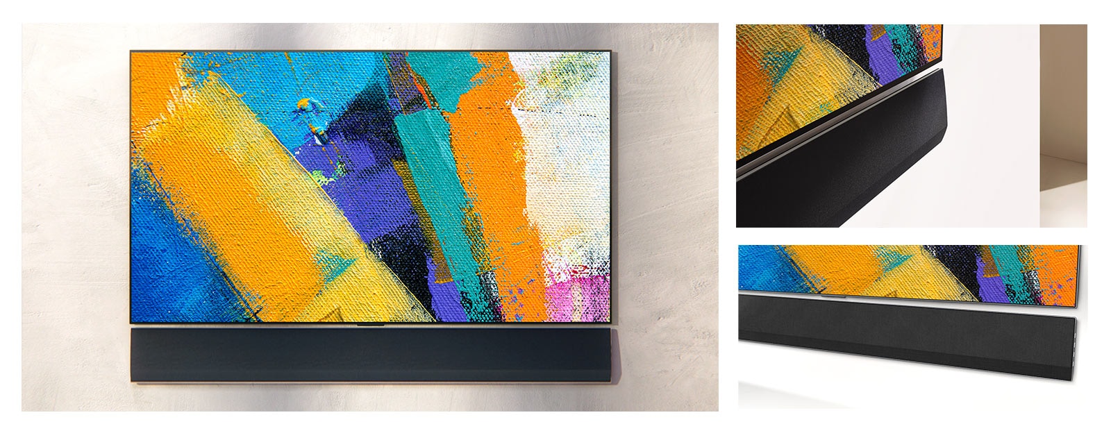 The wall-mounted LG Soundbar and LG TV are shown from three angles. Various colors of paint are shown on the TV screen.